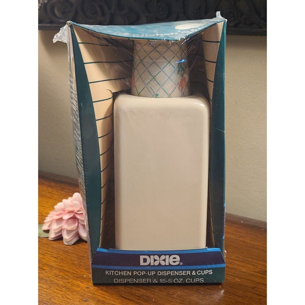 Vintage Dixie Kitchen Pop Up Cup Dispenser 5 oz 15 Cups NOS Floral Off White NIB